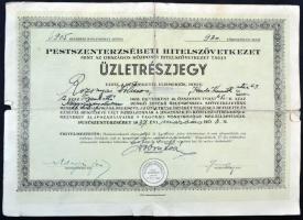 Pestszenterzsébet 1937. "Pestszenterzsébeti Hitelszövetkezet mint az Országos Központi Hitelszövetkezet tagja" üzletrészjegy 480P értékben, szelvényekkel T:III,III-