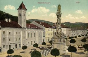 Körmöcbánya, Kremnica; Főtér, szobor, Ritter Sándor üzlete, kiadja Ritter Sándor / main square, statue (EK)