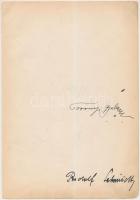 Vegyes aláírás tétel ugyanazon papírlap két oldalán, összesen 3db ebből 1db azonosított: id. Toronyi Gyula (1872--1945) tenor operaénekes saját kezű aláírása papírlapon, 16x24cm,