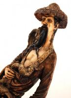 Kínai férfi bottal és madarakkal, festett műgyanta, kalapján apró lepattanás, m:45 cm