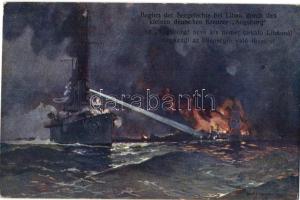 Az Augsburg nevű kis német cirkáló Libaunál megkezdi az ellenségre való tüzelést. Beginn der Seegefechte bei Libau durch den kleinen deutschen Kreuzer Augsburg / K.u.K. battlescene art postcard s: Harry Heusser