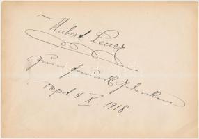 1918 Hubert leuer(1880-1969), operaénekes, színész saját kezű aláírása papírlapon, 16x24cm