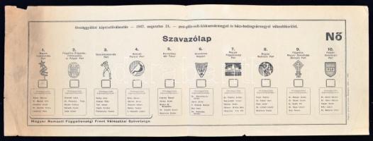 1947 - Az 1947-es évi, augusztus 31-én megtartott országgyűlési képviselőválasztás Pest-Pilis-Solt-Kiskun vármegyei és Bács-Bodrog vármegyei választókerület szavazólapja. Hátoldalán kis javítással. 42x15 cm.