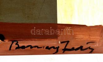 Barcsay jelzéssel: Dárdások. Olaj, karton, 39×115 cm