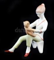 Aquincumi kislány  a macival, kézzel festett, jelzett, piszkos, m:14 cm