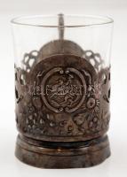 Lovas jelenetes fém pohártartó, üveg pohárral, jelzett, horpadt, m:9, 5 cm