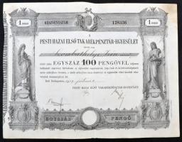 Budapest 1927. "Pesti Hazai Első Takarékpénztár-Egyesület" igazolás 100P értékű részvényről, szárazpecséttel, 2db szelvénnyel T:II,II-