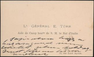 Türr István (1825-1908) szabadságharcos, olasz királyi altábornagy névjegykártyája, autográf soraival.
