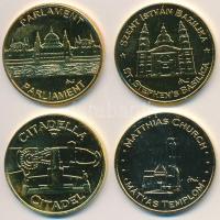 2010. "Budapest érem / Mátyás Templom, Citadella, Parlament, Szent István Bazilia" aranyozott fém emlékérmek (4xklf) (33mm) T:1-