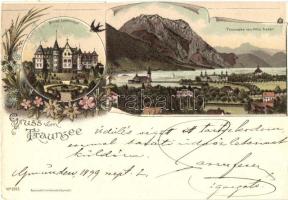 1899 Traunsee, Schloss Cumberland, Traunsee von Villa Satori / castle, view of the lake from Villa Satori; floral, swallow, litho (b)