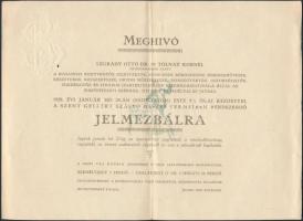 1928 Meghívó a budapesti könyvkötők, szíjgyártók, nyergesek, bőröndösök, bőrdíszművesek, kesztyűsök, kötszerészek, orvosi műszerészek, dobozgyártók, ostorkészítők, tokkészítők és tímárok ipartestületének jelmezbálkára a Szent Gellért Szállóba. 25x18,5 cm.