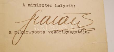 1929 báró Szalay Gábor (1878-1956) a M. Kir. Posta vezérigazgatójának aláírása kinevezési iraton