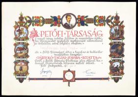 1943 A Petőfi-társaság pártoló tagsági oklevele nagybányai Nagy Jenő rendőrkapitány felesége részére. Ritka. 49x35 cm.