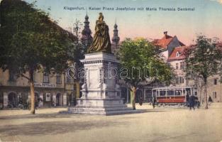 Klagenfurt, Franz Josefplatz mit Maria Theresia Denkmal / Square with the shop of  Karl Petrasch, tram