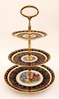 MZ historizáló csehszlovák porcelán emeletes kínáló. Aranyozott, matricás, új állapotban, eredeti dobozában