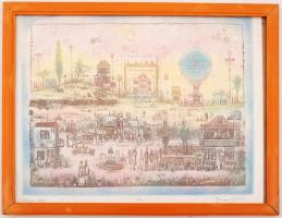 Gross Arnold: Művészek kertje, nyomat, üvegezett keretben, gyűrött, 28×35 cm