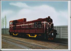 cca 1965 Dízel mozdony, eredetileg fekete-fehér fotó, amit amerikai retussal színeztek, professzionális negatívról készült modern nagyítás, 13x18 cm