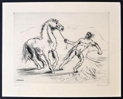 Borsos Miklós (1906-1990): Lovaslegény. Rézkarc, karton, jelzett, 29×39 cm