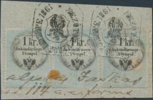 1963/66 Hirdetménybélyeg 1kr hármascsík okirat kivágáson