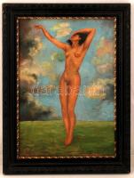 Kiss József (?-?):  Női akt a viharban. Olaj, vászon (javított), jelzett, keretben, 50×35 cm