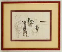 Zemplényi Magda (1899-1966): Eső közeleg. Tus, papír, jelzett, üvegezett keretben, 27×38 cm