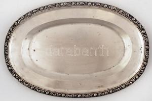 Ezüst (Ag.) ovális tálca, domború barokkmintás peremmel, jelzett, mesterjeggyel (TK), foltokkal, 50×...