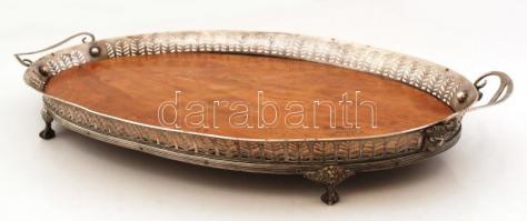 Antik ezüst (Ag.) füles tálca tartó, áttört széllel faun fej díszítéssel, fa tálcalappal, gravírozot...