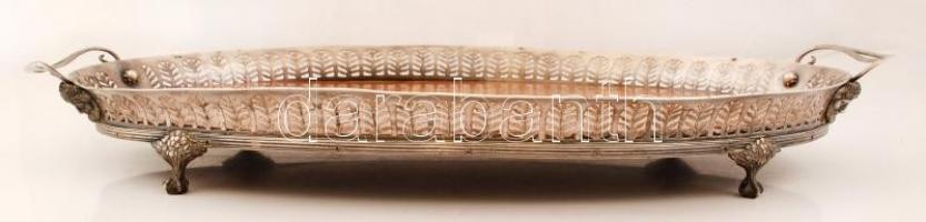 Antik ezüst (Ag.) füles tálca tartó, áttört széllel faun fej díszítéssel, fa tálcalappal, gravírozot...