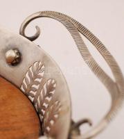 Antik ezüst (Ag.) füles tálca tartó, áttört széllel faun fej díszítéssel, fa tálcalappal, gravírozot...