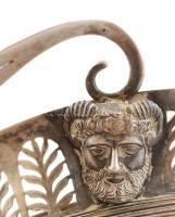 Antik ezüst (Ag.) füles tálca tartó, áttört széllel faun fej díszítéssel, fa tálcalappal, gravírozot...