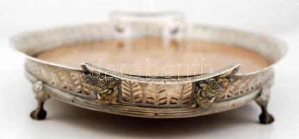 Antik ezüst (Ag.) füles tálca tartó, áttört széllel faun fej díszítéssel, fa tálcalappal, gravírozot...