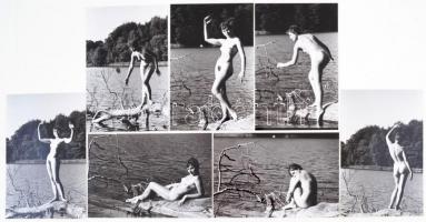 cca 1972 Kis pihenő az evezős túrán, 13 db korabeli, finoman erotikus felvétel modern nagyítása, 15x...