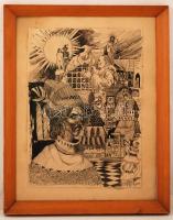 Németh Endre (?-?): Középkori látomások. Tus, papír, jelzett, üvegezett keretben, 43×30 cm