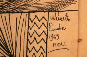 Németh Endre (?-?): Középkori látomások. Tus, papír, jelzett, üvegezett keretben, 43×30 cm