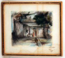 Olvashatatlan jelzéssel: Házudvar. Pasztell, papír, üvegezett keretben, foltos, 26×31 cm