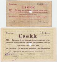 Pápa 1919. május 8. "Pápai csekk" 10K + 20K (2x) + 50K mind lyukasztással érvénytelenítve és ovális szárazbélyegzővel T:III,III- Adamo PÁP-1.1,1.2,1.3