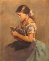 B. Kovacsev Friderika (1891-1975): Rajzoló lány. Olaj, vászon, jelzett, sérült keretben, 60×50 cm