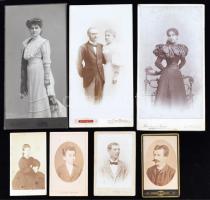cca 1900 Erdélyi fotótörténeti tétel, 7 db fotó Arad, Temesvár, Nagyvárad, Kolozsvár, Nagybánya műtermeiből, 10,5x6,5 cm és 20,5x11 cm között