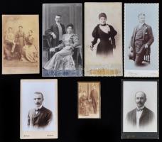cca 1900 Felvidéki fotótörténeti tétel, 7 db fotó Pöstyén, Pozsony, Kassa, Rozsnyó, Érsekújvár, Aranyosmaróth műtermeiből, 10,5x6,5 cm és 20,5x11 cm közötti méretekben
