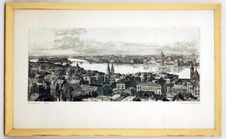 Csurgói Máté Lajos (1931-2001): Víziváros. Rézkarc, papír, jelzett, üvegezett keretben, 20×48 cm