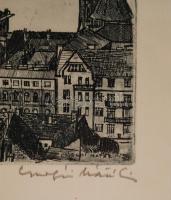 Csurgói Máté Lajos (1931-2001): Víziváros. Rézkarc, papír, jelzett, üvegezett keretben, 20×48 cm