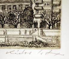 Kádas István (1941-): Mátyás templom, Hilton. Rézkarc, papír, jelzett, üvegezett keretben, 24×42 cm