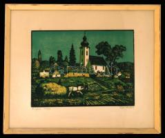 Réti Mátyás (1922-2002): Öregfalu. Színezett linó, papír, jelzett, üvegezett keretben, 23×35 cm