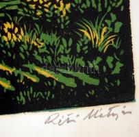 Réti Mátyás (1922-2002): Öregfalu. Színezett linó, papír, jelzett, üvegezett keretben, 23×35 cm