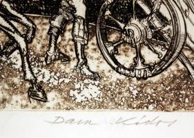 Kádas István (1941-): Szent Gellért kivégzése. Rézkarc, papír, jelzett, üvegezett keretben, 23×38 cm