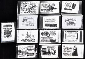 cca 1947 Fekete György (1904-1990) budapesti fényképész reklámgrafikái különféle szolgáltatásokról, termékekről, ezekről készített mozikban vetíthető üveglemez diapozitív képeket, az eladásra kínált tétel 13 db papír- pozitív képet tartalmaz, melyek modern nagyítások a hagyatékában őrzött korabeli negatívokról, 10x15 cm-es fotópapíron