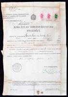 1941 Korlátlan dohányárusítási engedély, okmánybélyegekkel, pecséttel. A papírlap bal széle gyűrötte...