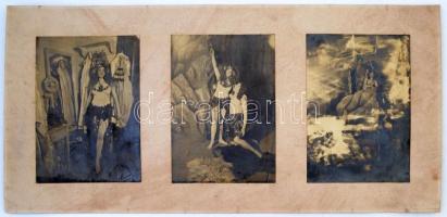 1913. március 17. Az ember tragédiája, valószínűleg diákok előadása, férfi főszereplő Wollák Miklós (1893-1959), 3 db fotó közös hordozó kartonra felragasztva, a középső kép feliratozva, 17x12 cm, karton 24x49 cm