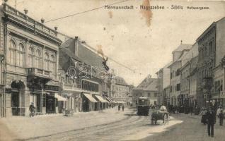 Nagyszeben, Hermannstadt, Sibiu; Heltauergasse, Verlag Georg Meyer / Julius Meinl üzlet, villamos / shop, tram (fl)