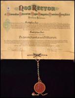 1942 Jogi (politikatudományi) diploma a bécsi döntések következtében Kolozsvárra visszahelyezett Ferenc József Tudományegyetemről. Szentpétery Zsigmond (1880-1952) geológus rektor és Balás P. Elemér (1883-1947) jogász dékán aláírásával. Függőpecséttel, szép állapotban.